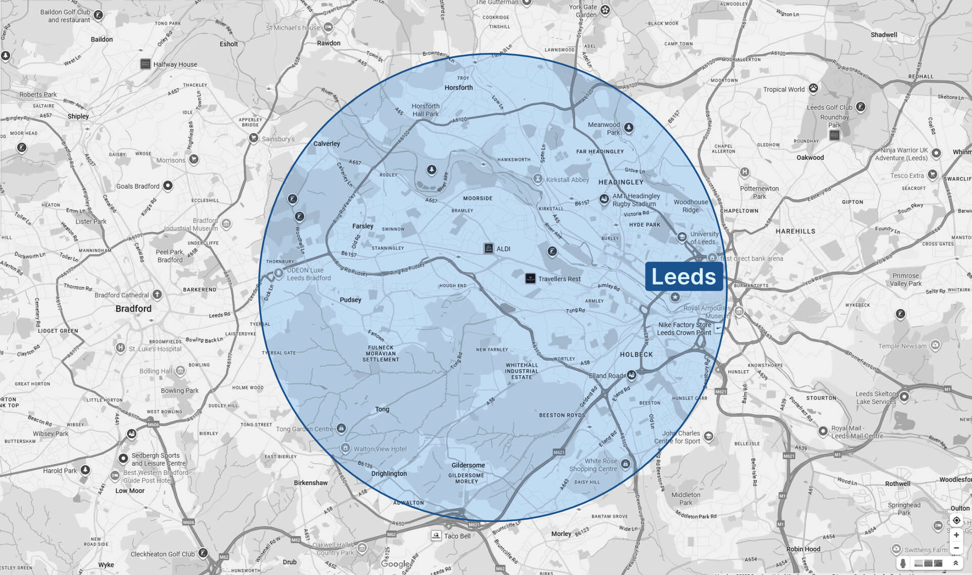 Service Area Map Of Leeds And Surrounding Areas